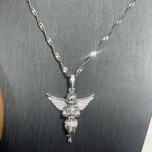 Silver Angel Pendant Necklace with Pavé Wings